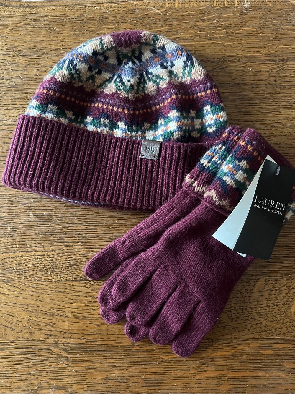 Ralph Lauren Maroon Fair Isle Knit Beanie & Gloves Set